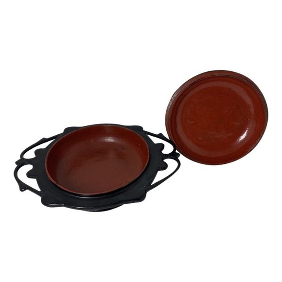 Antique Lacquered Pickled Tea Box Kyuok Ka Style Covered Dish Carved Out Handles - Picture 4 of 7